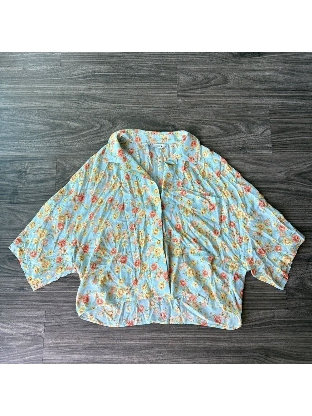 Zara | Floral Print Button Down Top Blouse Blue Orange Yellow Oversized